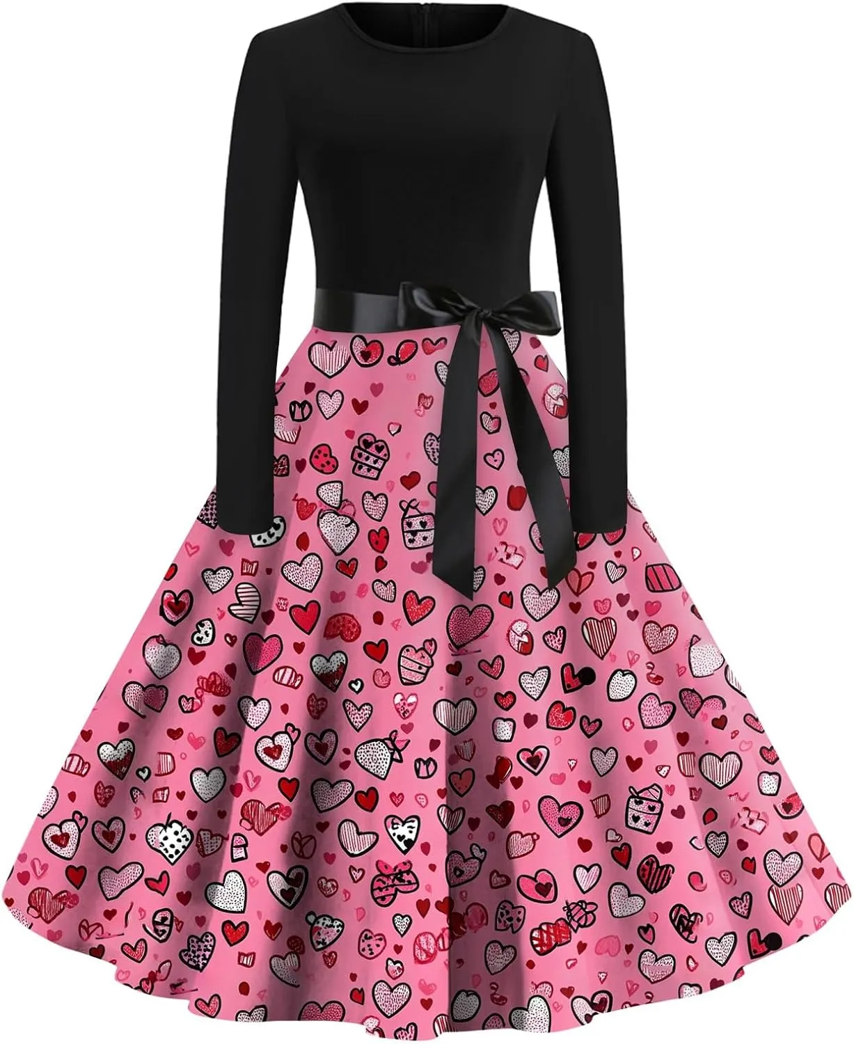 Women's Long Sleeve Vintage Swing Dress with Heart Print, Elegant A-Line Midi Dress for Party and Casual Wear