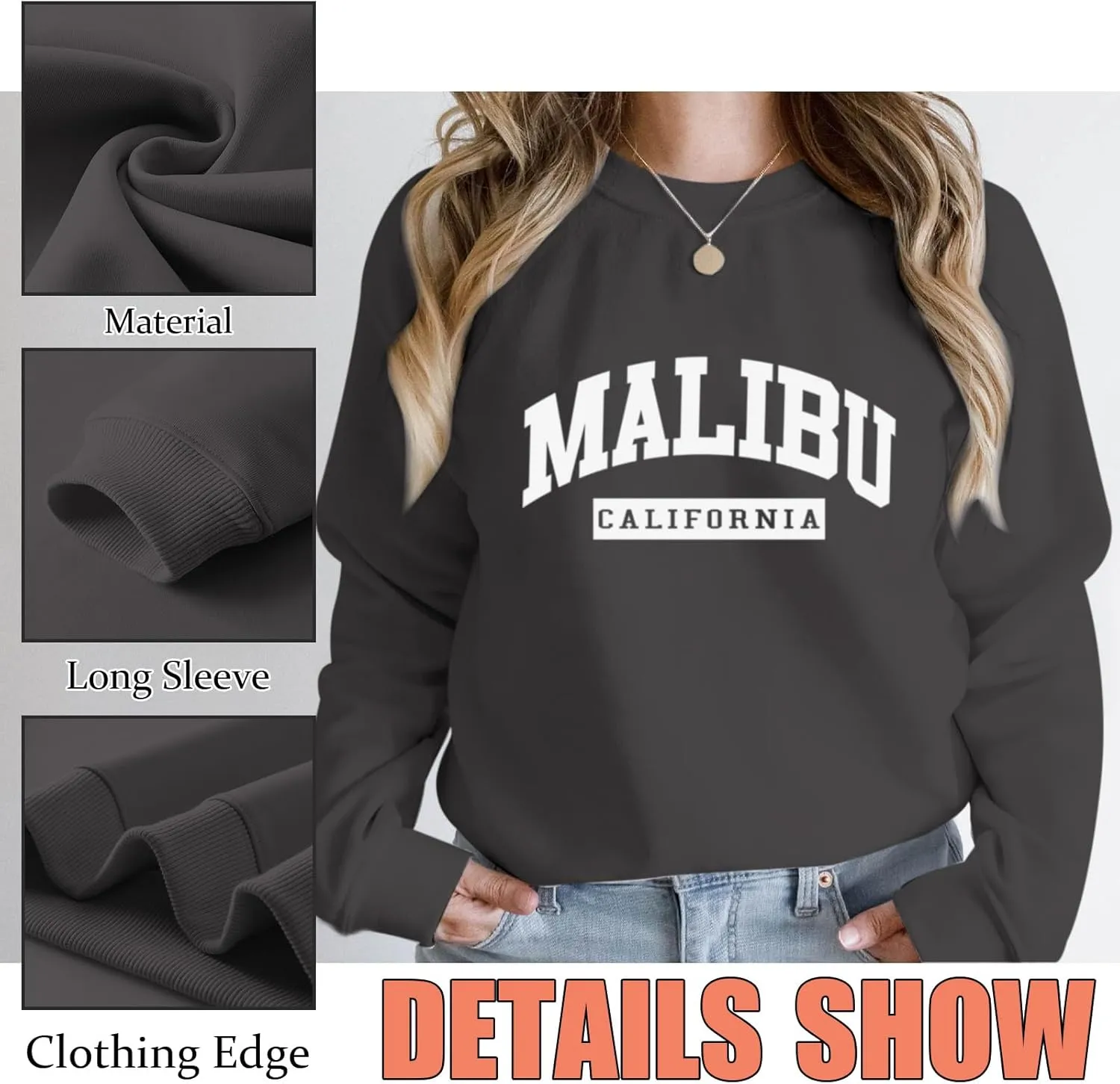 Womens Malibu Sweatshirt Oversized Graphic Letter Print Crewneck Sweatshirts Trendy Casual Pullover Preppy Tops