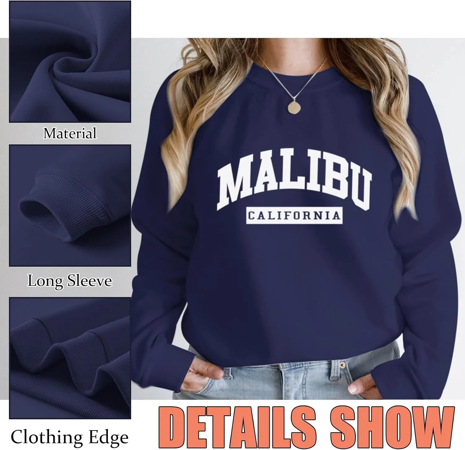 Womens Malibu Sweatshirt Oversized Graphic Letter Print Crewneck Sweatshirts Trendy Casual Pullover Preppy Tops