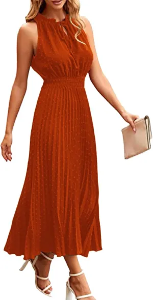 Women's Midi Summer Dresses Casual V Neck Swiss Dot Ruffle Sleeveless A Line Beach Trendy Sun Dress