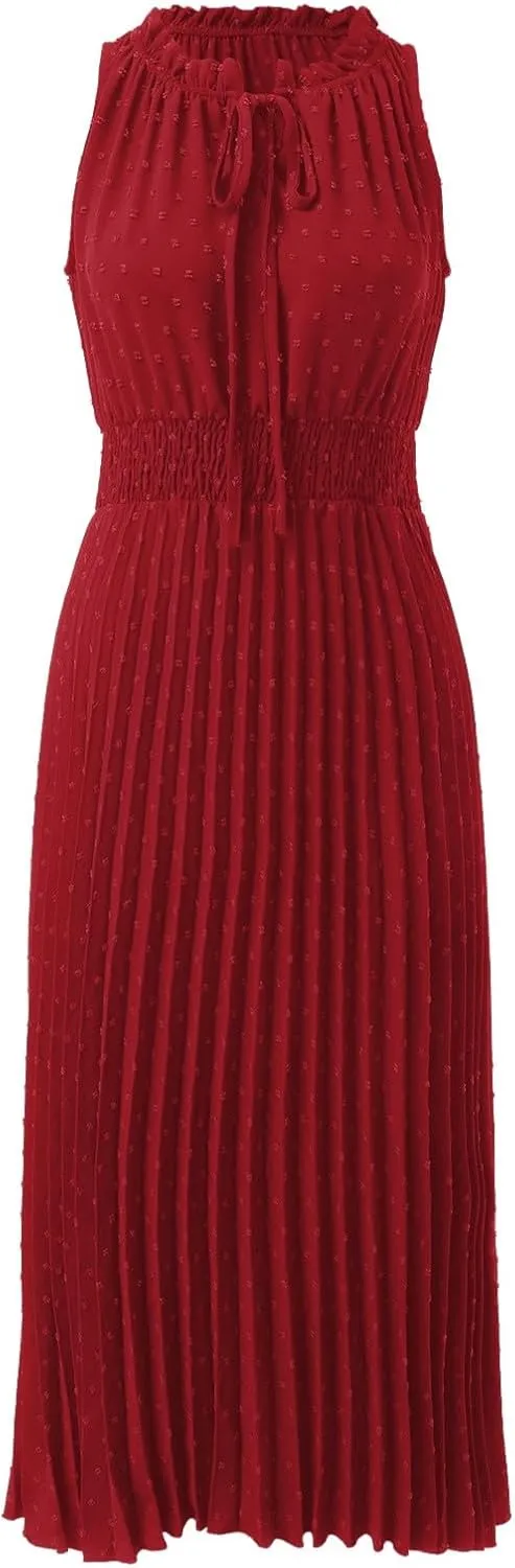 Women's Midi Summer Dresses Casual V Neck Swiss Dot Ruffle Sleeveless A Line Beach Trendy Sun Dress