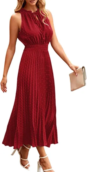 Women's Midi Summer Dresses Casual V Neck Swiss Dot Ruffle Sleeveless A Line Beach Trendy Sun Dress