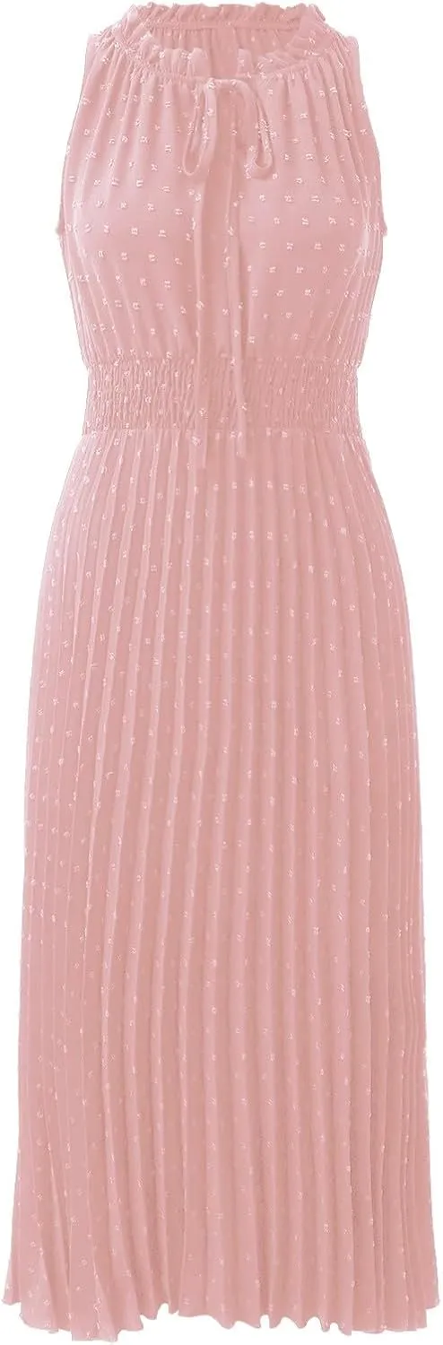 Women's Midi Summer Dresses Casual V Neck Swiss Dot Ruffle Sleeveless A Line Beach Trendy Sun Dress