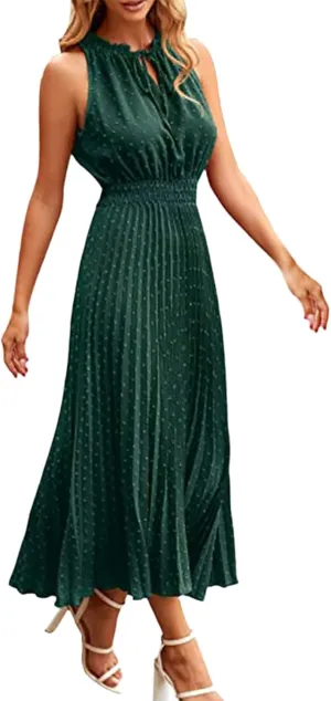 Women's Midi Summer Dresses Casual V Neck Swiss Dot Ruffle Sleeveless A Line Beach Trendy Sun Dress