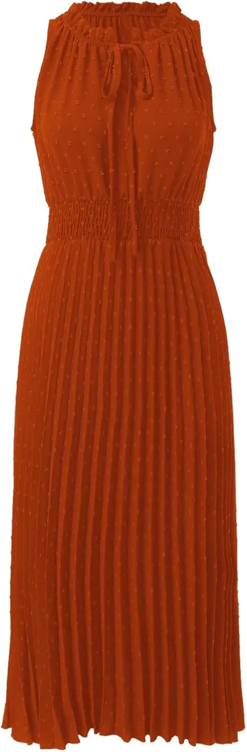 Women's Midi Summer Dresses Casual V Neck Swiss Dot Ruffle Sleeveless A Line Beach Trendy Sun Dress
