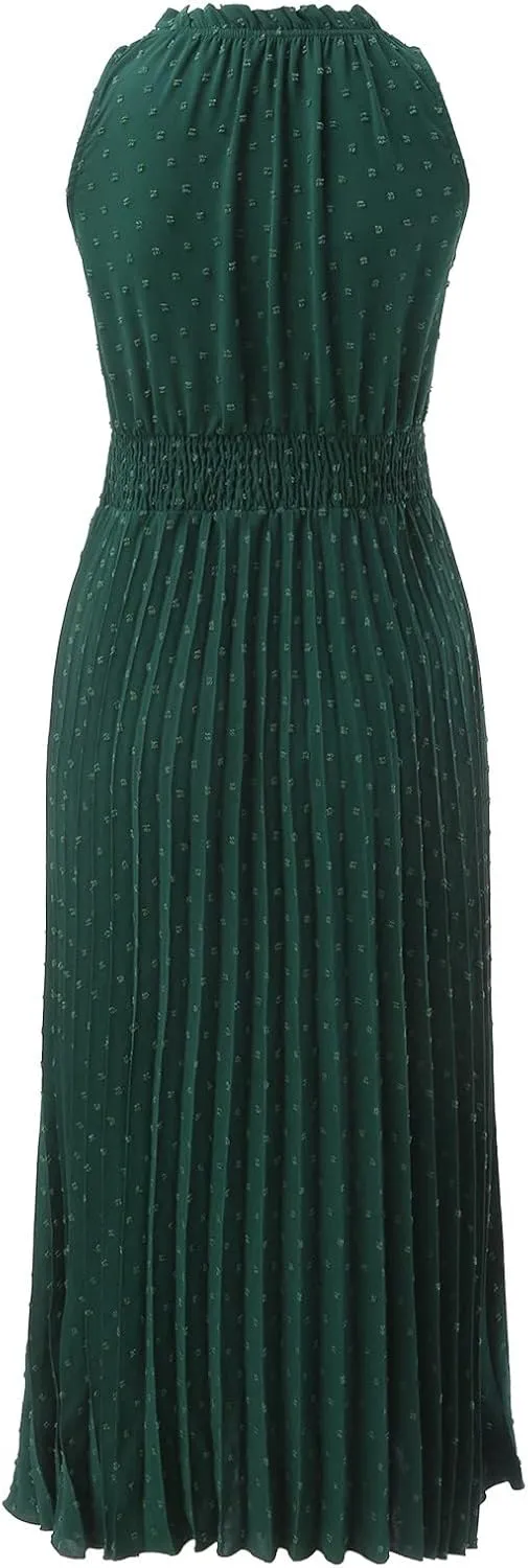 Women's Midi Summer Dresses Casual V Neck Swiss Dot Ruffle Sleeveless A Line Beach Trendy Sun Dress