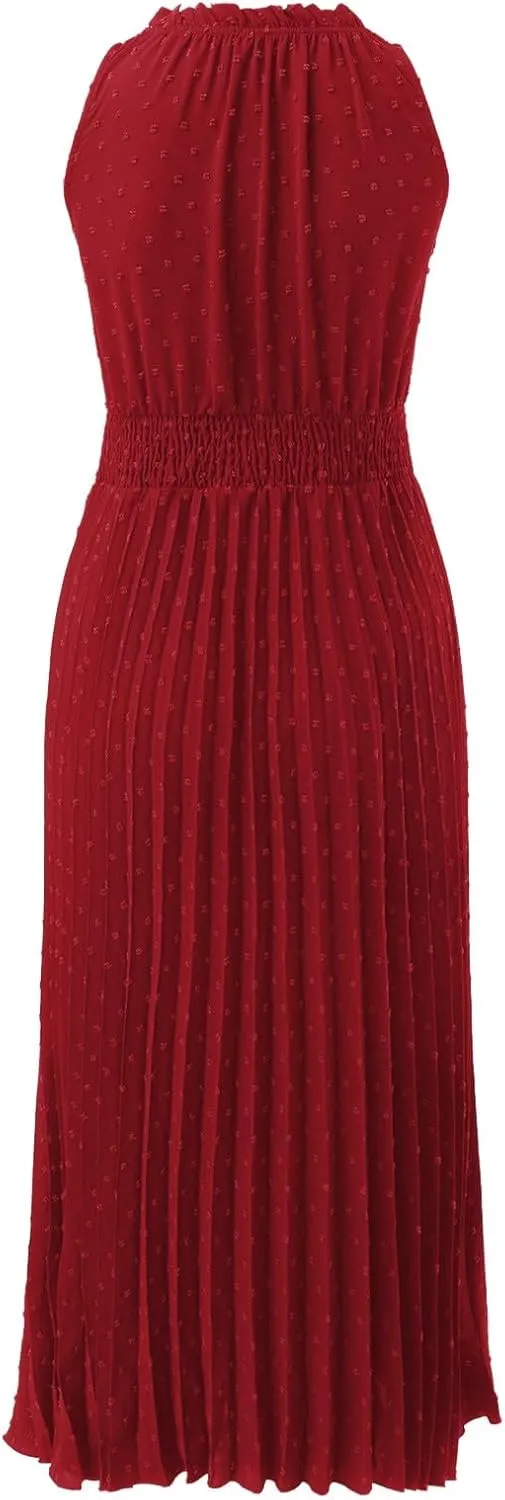 Women's Midi Summer Dresses Casual V Neck Swiss Dot Ruffle Sleeveless A Line Beach Trendy Sun Dress