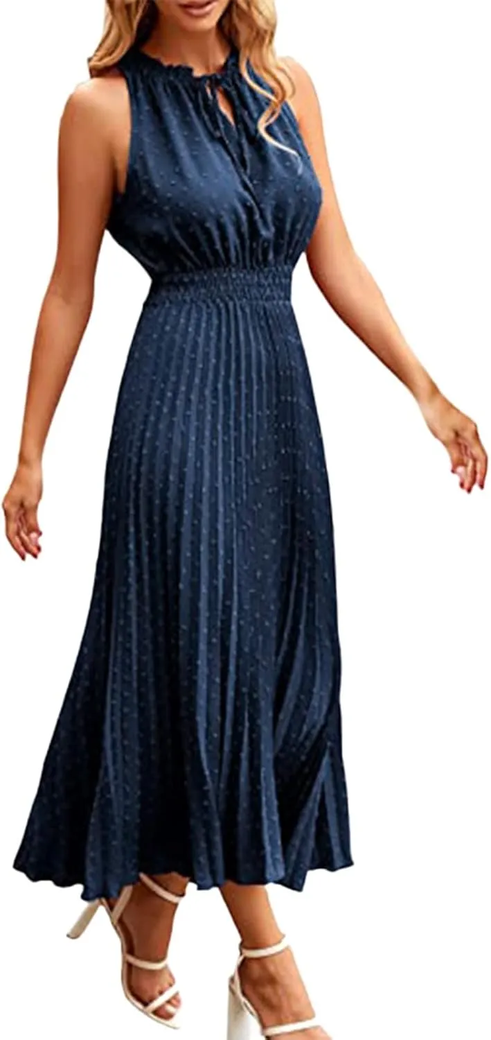 Women's Midi Summer Dresses Casual V Neck Swiss Dot Ruffle Sleeveless A Line Beach Trendy Sun Dress