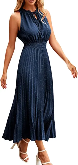Women's Midi Summer Dresses Casual V Neck Swiss Dot Ruffle Sleeveless A Line Beach Trendy Sun Dress