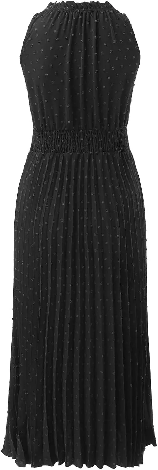 Women's Midi Summer Dresses Casual V Neck Swiss Dot Ruffle Sleeveless A Line Beach Trendy Sun Dress