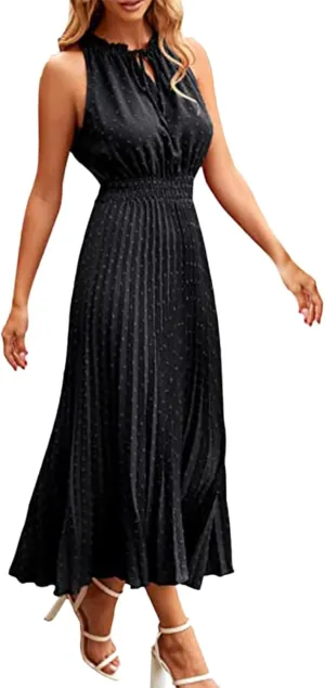 Women's Midi Summer Dresses Casual V Neck Swiss Dot Ruffle Sleeveless A Line Beach Trendy Sun Dress