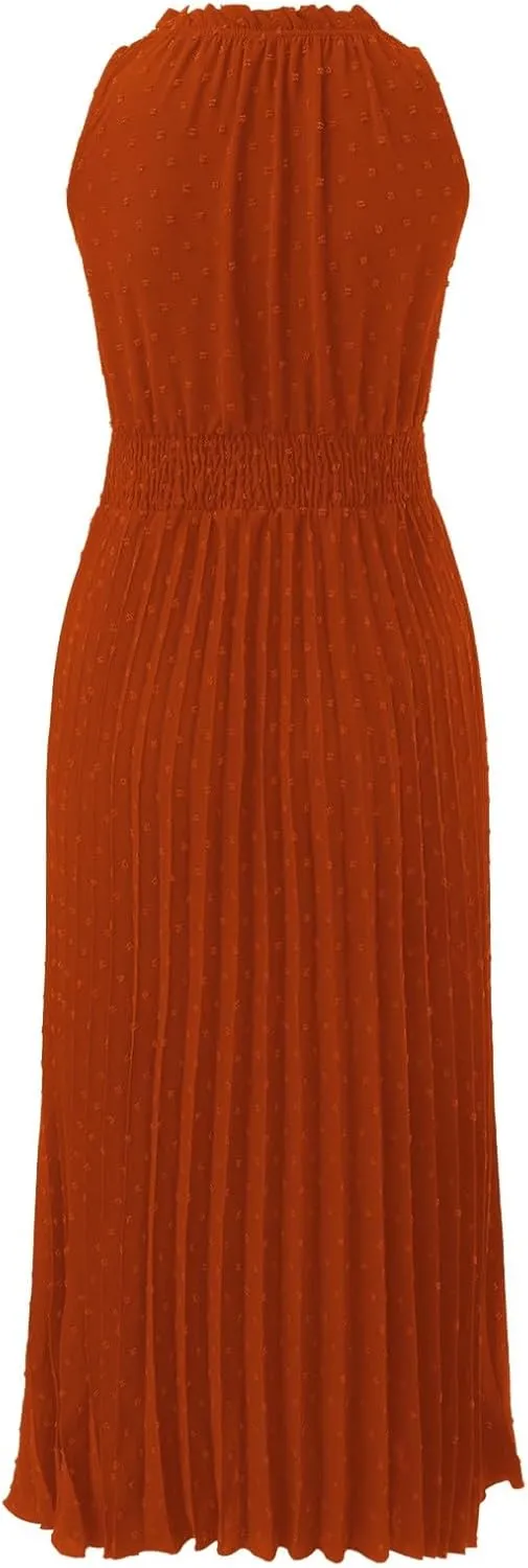 Women's Midi Summer Dresses Casual V Neck Swiss Dot Ruffle Sleeveless A Line Beach Trendy Sun Dress