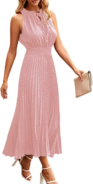 Women's Midi Summer Dresses Casual V Neck Swiss Dot Ruffle Sleeveless A Line Beach Trendy Sun Dress