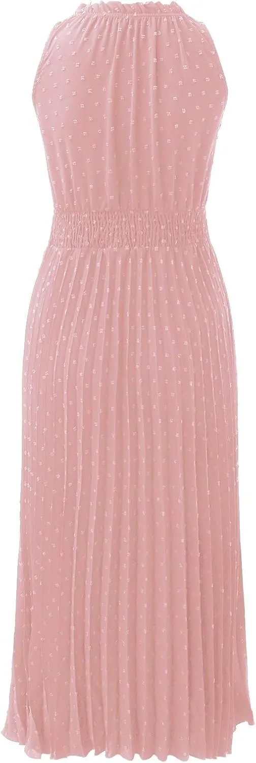 Women's Midi Summer Dresses Casual V Neck Swiss Dot Ruffle Sleeveless A Line Beach Trendy Sun Dress