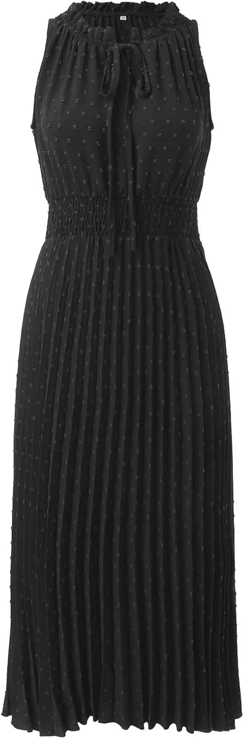 Women's Midi Summer Dresses Casual V Neck Swiss Dot Ruffle Sleeveless A Line Beach Trendy Sun Dress