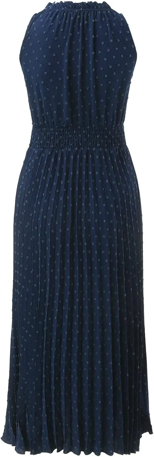 Women's Midi Summer Dresses Casual V Neck Swiss Dot Ruffle Sleeveless A Line Beach Trendy Sun Dress