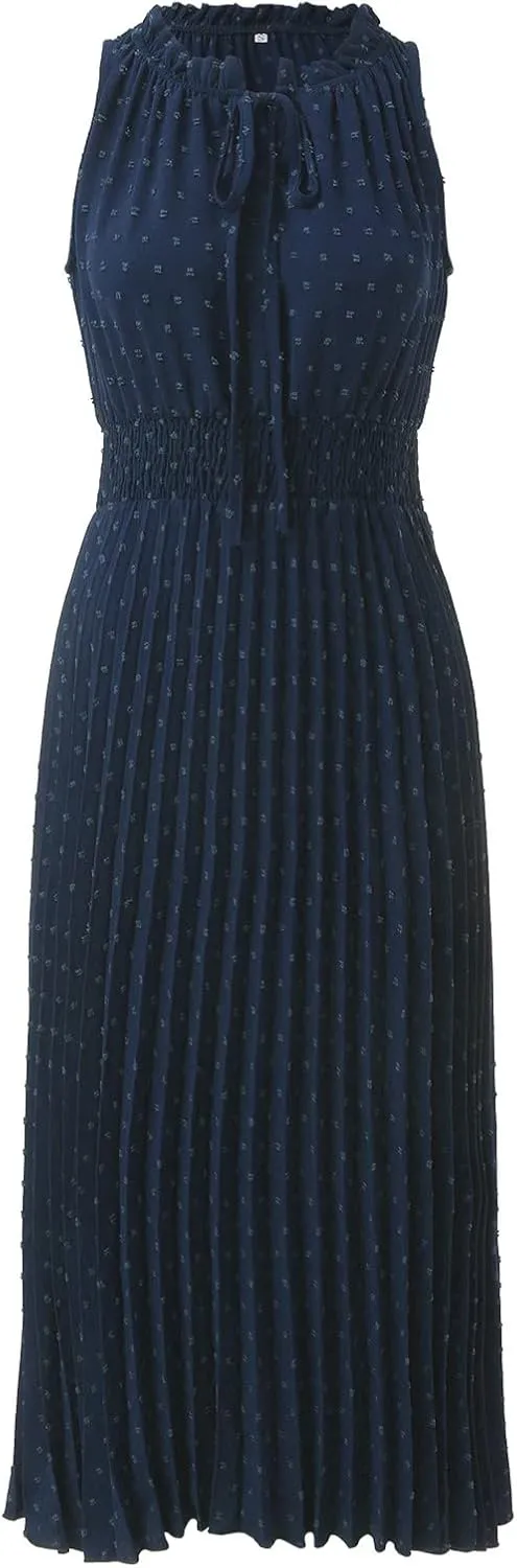 Women's Midi Summer Dresses Casual V Neck Swiss Dot Ruffle Sleeveless A Line Beach Trendy Sun Dress