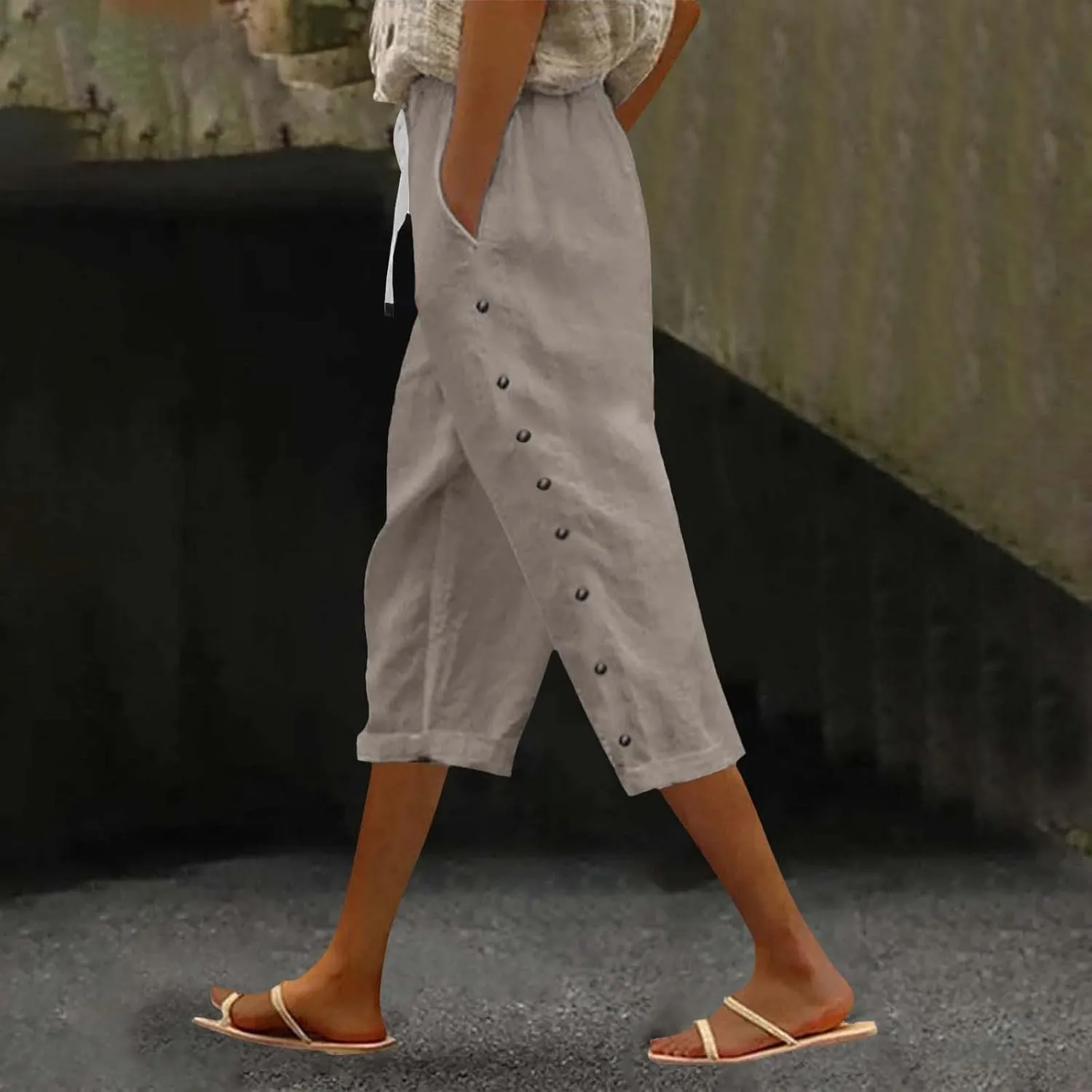 Women's Pants Solid Color Cotton Linen Elastic Seven Pants Beach Casual Linen Cotton Linen Pants Casual 2025
