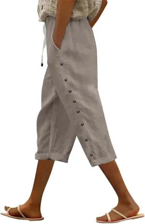 Women's Pants Solid Color Cotton Linen Elastic Seven Pants Beach Casual Linen Cotton Linen Pants Casual 2025
