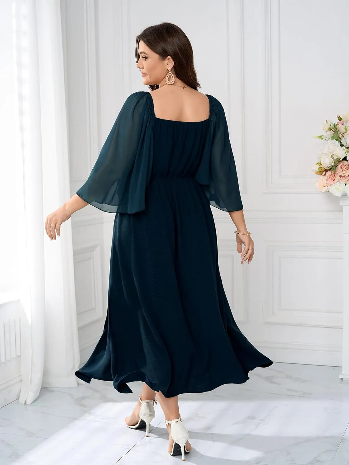 Womens Plus Size Cocktail Party Dress Square Neck Flutter Sleeve Split Elegant Formal Flowy A Line Maxi Dresses