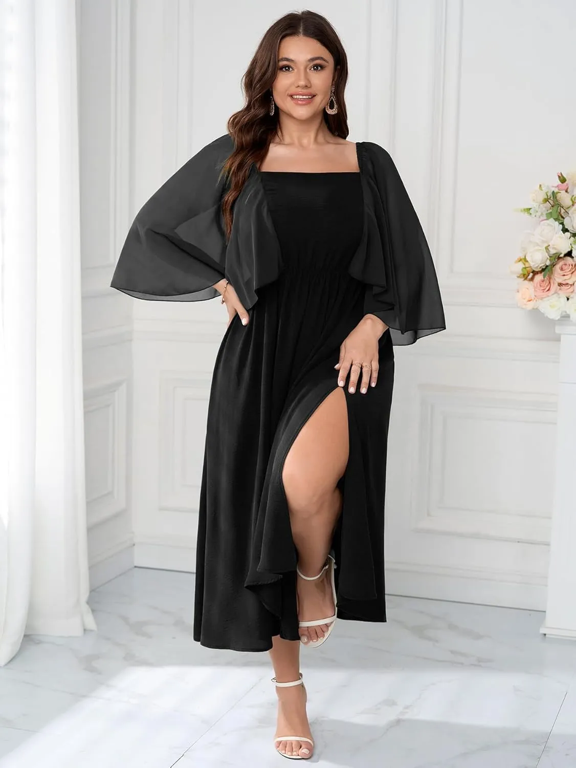 Womens Plus Size Cocktail Party Dress Square Neck Flutter Sleeve Split Elegant Formal Flowy A Line Maxi Dresses