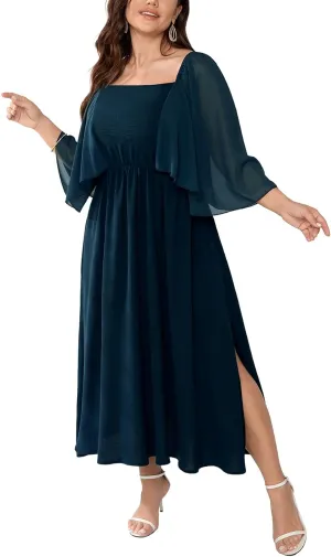 Womens Plus Size Cocktail Party Dress Square Neck Flutter Sleeve Split Elegant Formal Flowy A Line Maxi Dresses