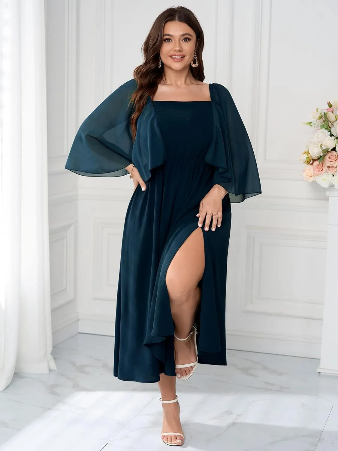 Womens Plus Size Cocktail Party Dress Square Neck Flutter Sleeve Split Elegant Formal Flowy A Line Maxi Dresses