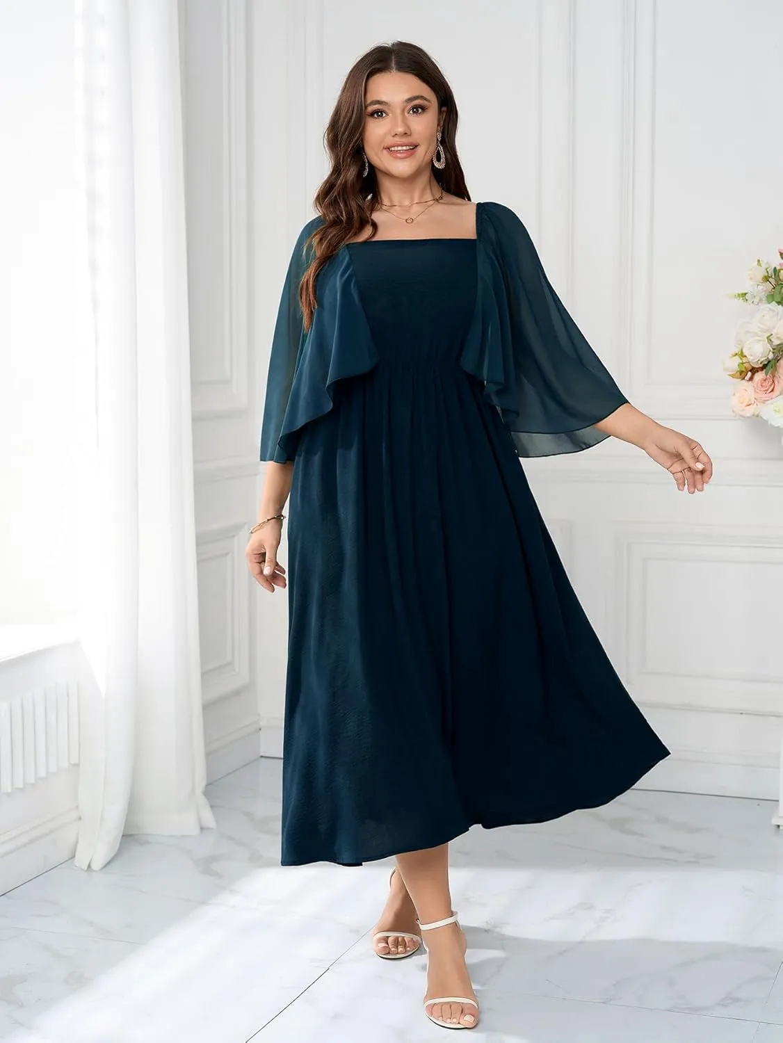 Womens Plus Size Cocktail Party Dress Square Neck Flutter Sleeve Split Elegant Formal Flowy A Line Maxi Dresses