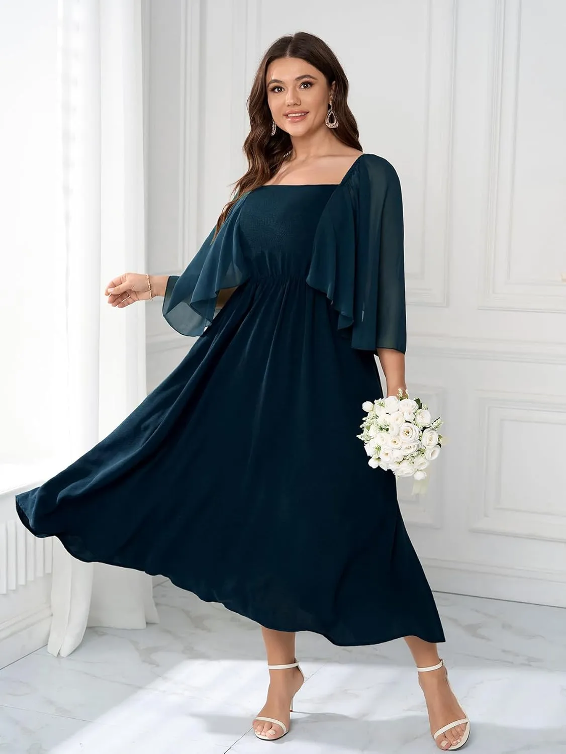 Womens Plus Size Cocktail Party Dress Square Neck Flutter Sleeve Split Elegant Formal Flowy A Line Maxi Dresses