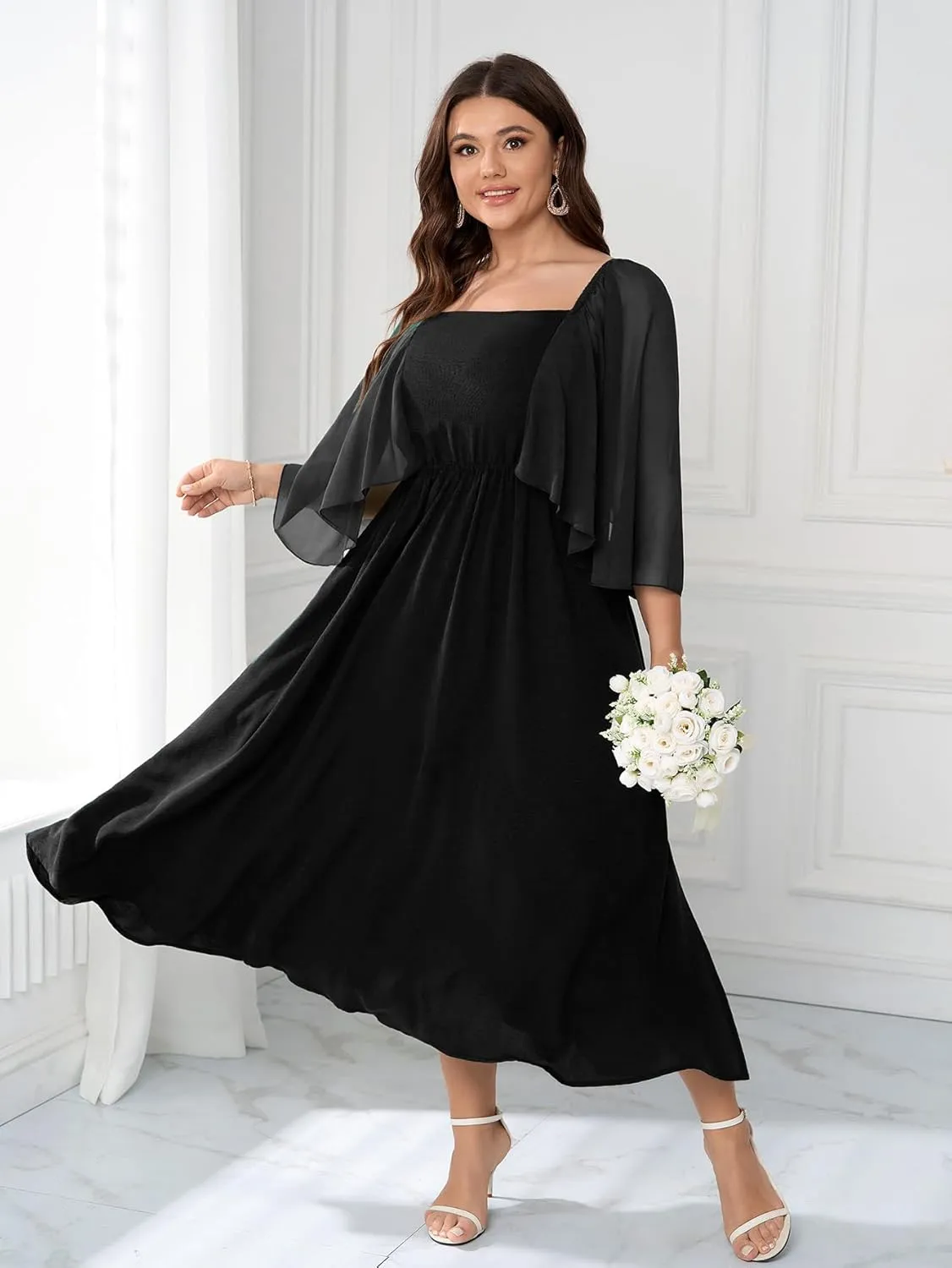 Womens Plus Size Cocktail Party Dress Square Neck Flutter Sleeve Split Elegant Formal Flowy A Line Maxi Dresses