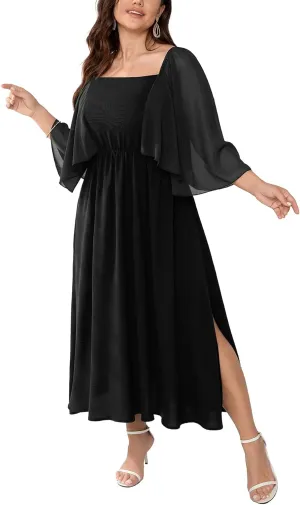 Womens Plus Size Cocktail Party Dress Square Neck Flutter Sleeve Split Elegant Formal Flowy A Line Maxi Dresses