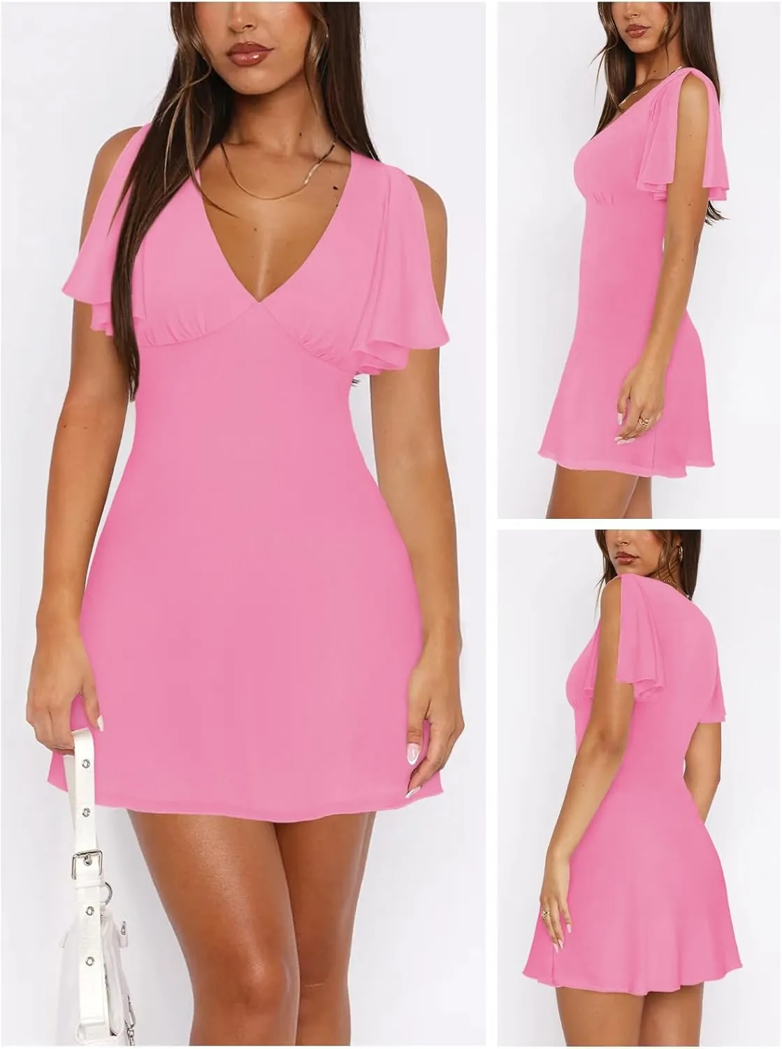 Women's Sexy Deep V-Neck Ruffle Sleeve Mini Dresses Summer Casual Bodycon Beach Cocktail Party Club Short Dress