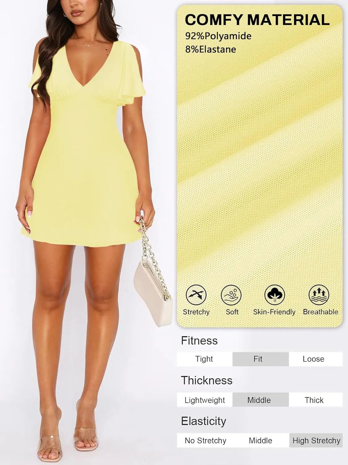 Women's Sexy Deep V-Neck Ruffle Sleeve Mini Dresses Summer Casual Bodycon Beach Cocktail Party Club Short Dress
