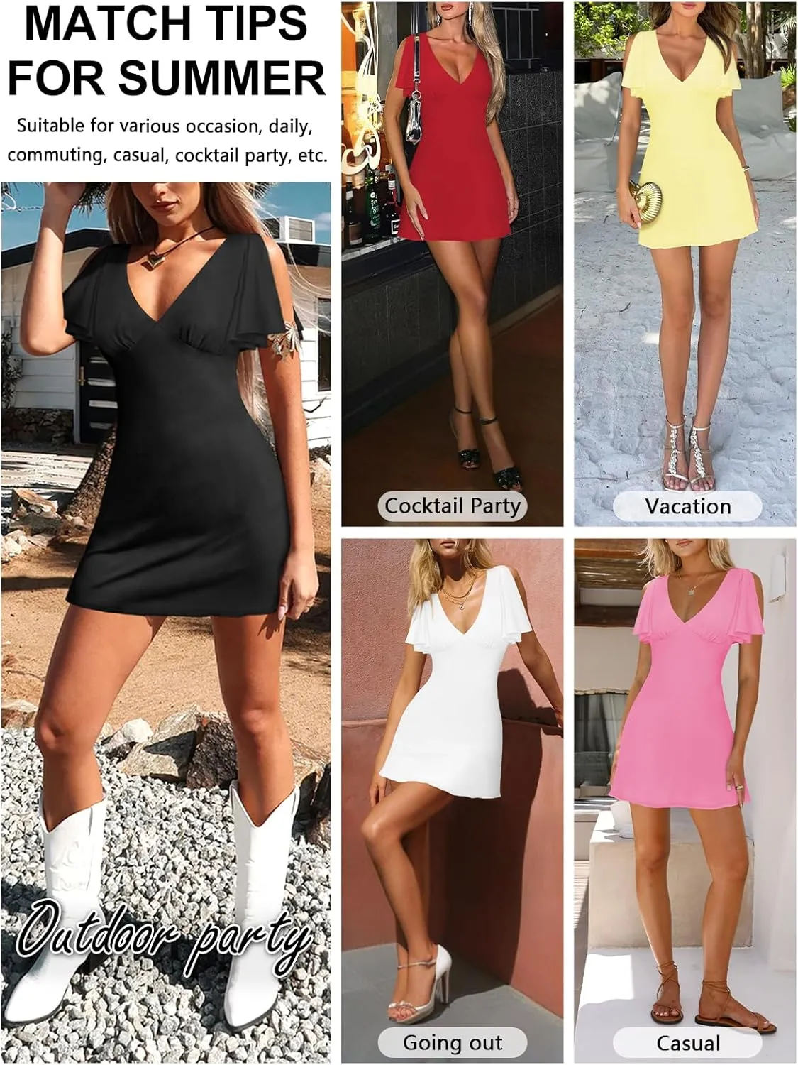 Women's Sexy Deep V-Neck Ruffle Sleeve Mini Dresses Summer Casual Bodycon Beach Cocktail Party Club Short Dress