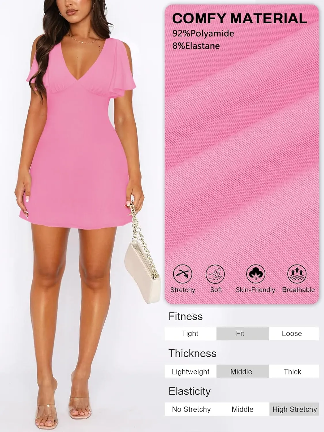 Women's Sexy Deep V-Neck Ruffle Sleeve Mini Dresses Summer Casual Bodycon Beach Cocktail Party Club Short Dress