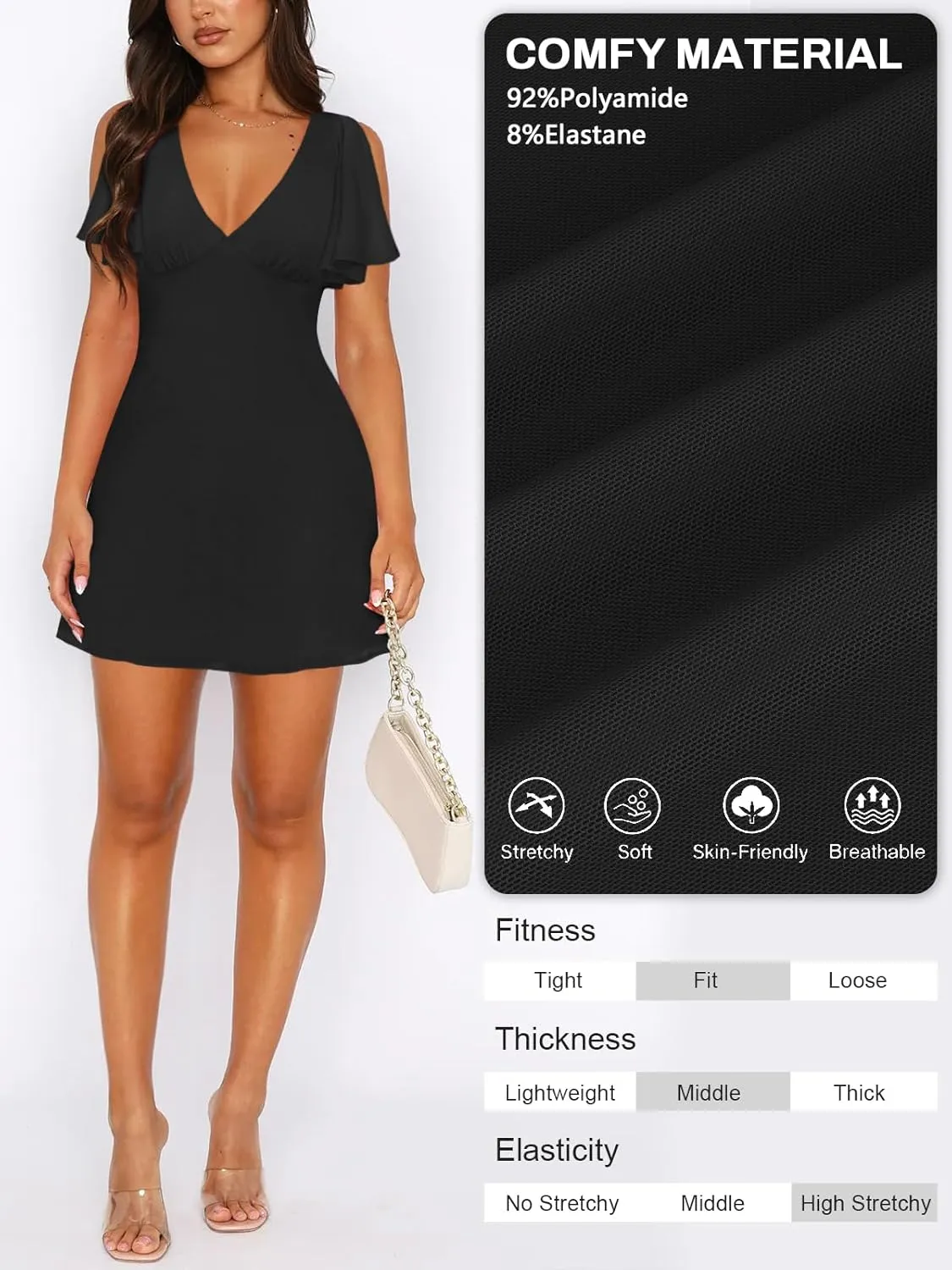 Women's Sexy Deep V-Neck Ruffle Sleeve Mini Dresses Summer Casual Bodycon Beach Cocktail Party Club Short Dress