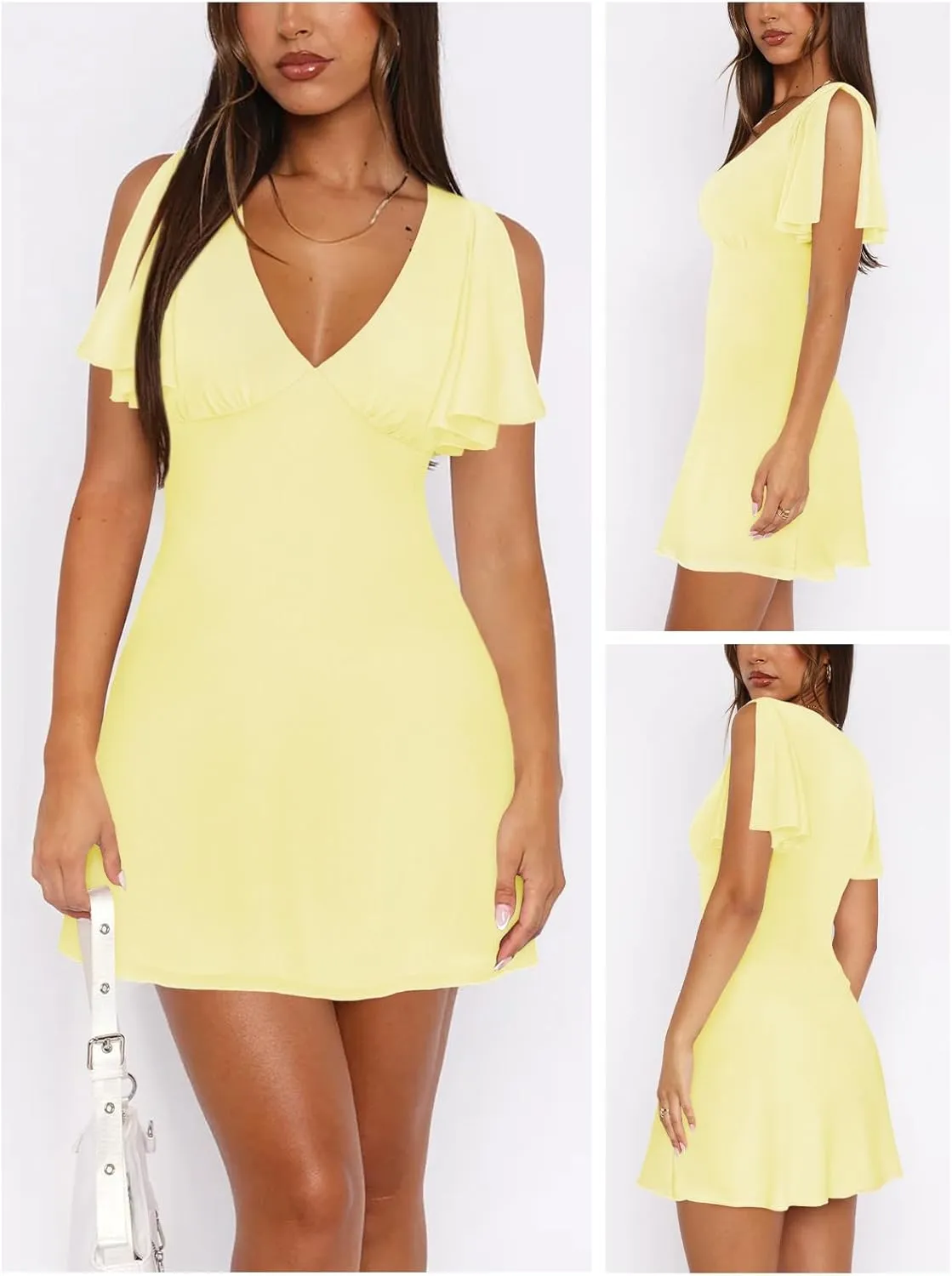 Women's Sexy Deep V-Neck Ruffle Sleeve Mini Dresses Summer Casual Bodycon Beach Cocktail Party Club Short Dress