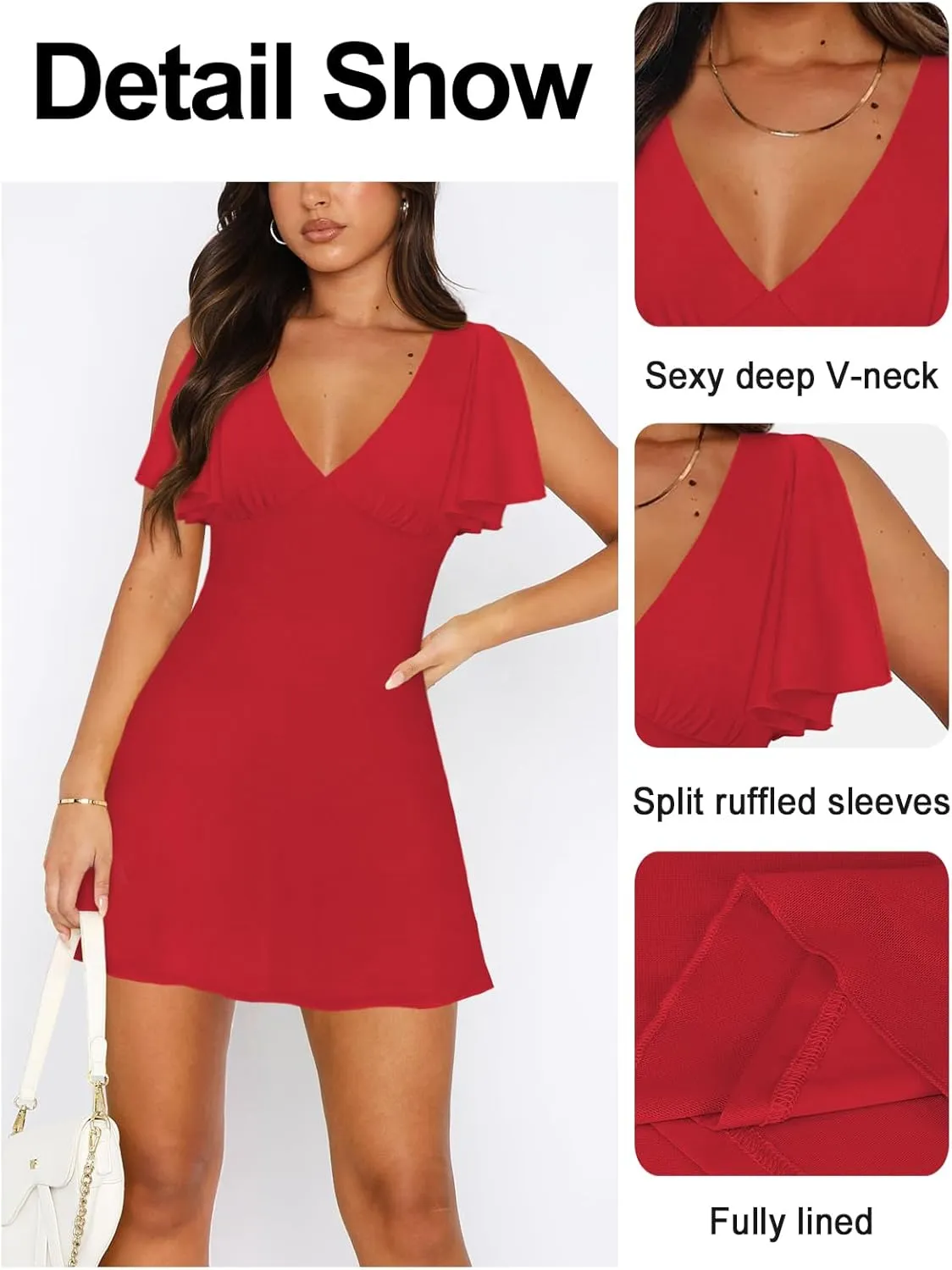 Women's Sexy Deep V-Neck Ruffle Sleeve Mini Dresses Summer Casual Bodycon Beach Cocktail Party Club Short Dress