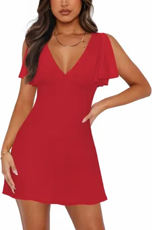 Women's Sexy Deep V-Neck Ruffle Sleeve Mini Dresses Summer Casual Bodycon Beach Cocktail Party Club Short Dress