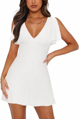 Women's Sexy Deep V-Neck Ruffle Sleeve Mini Dresses Summer Casual Bodycon Beach Cocktail Party Club Short Dress
