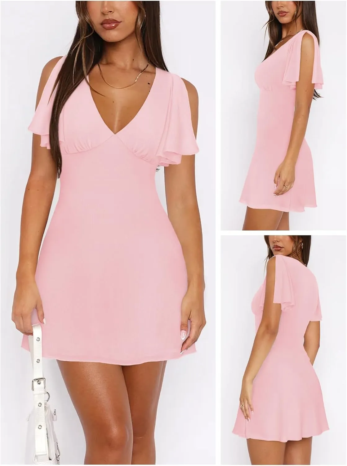 Women's Sexy Deep V-Neck Ruffle Sleeve Mini Dresses Summer Casual Bodycon Beach Cocktail Party Club Short Dress