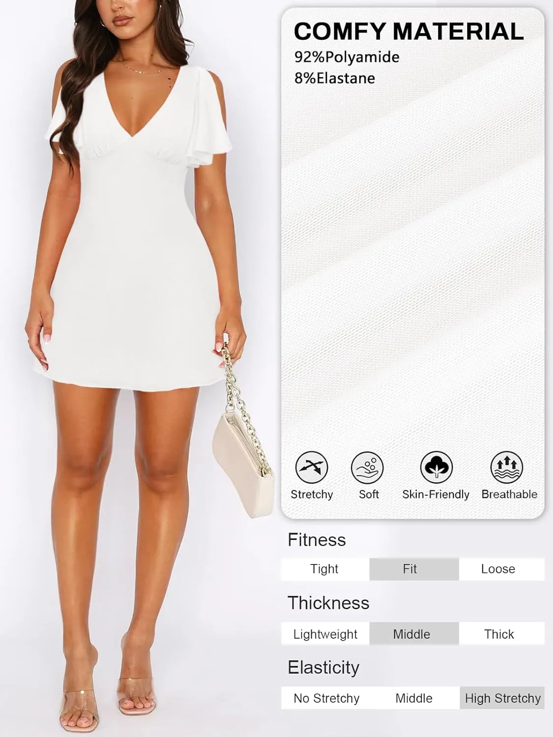 Women's Sexy Deep V-Neck Ruffle Sleeve Mini Dresses Summer Casual Bodycon Beach Cocktail Party Club Short Dress