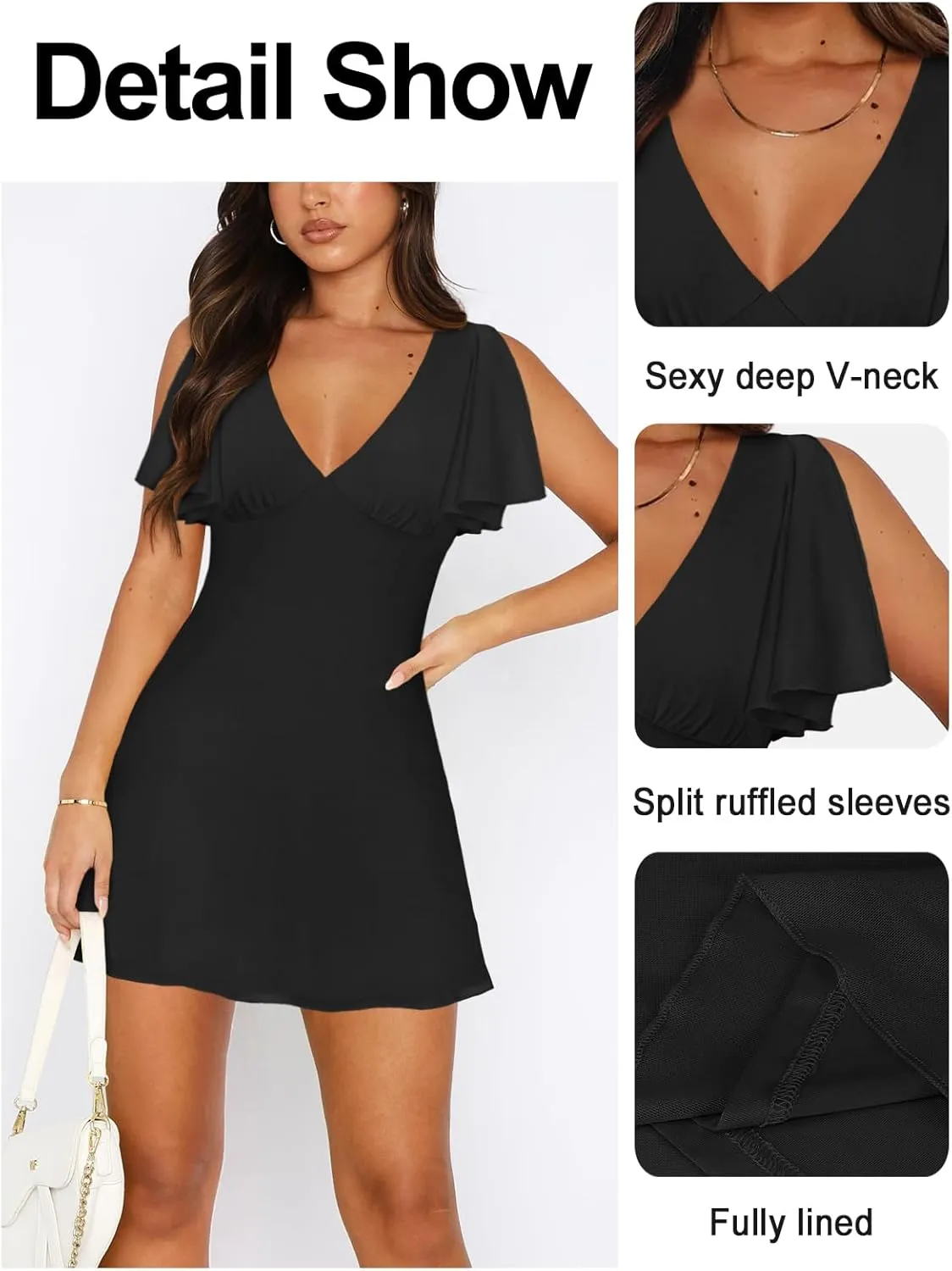 Women's Sexy Deep V-Neck Ruffle Sleeve Mini Dresses Summer Casual Bodycon Beach Cocktail Party Club Short Dress
