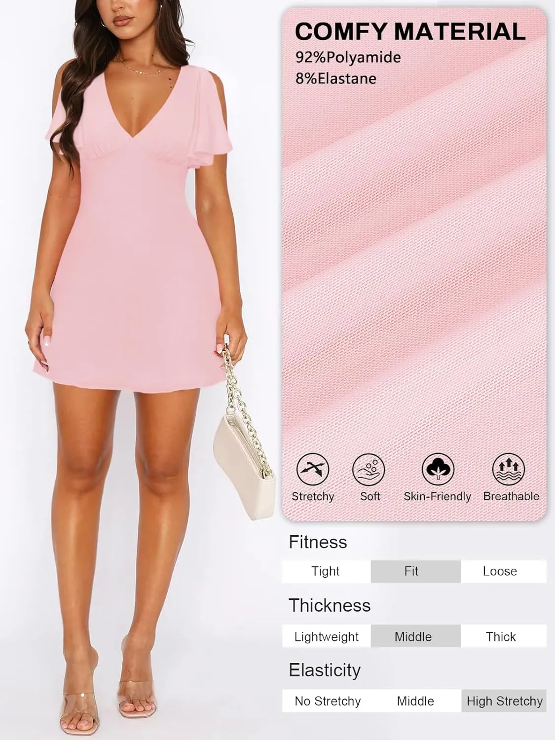Women's Sexy Deep V-Neck Ruffle Sleeve Mini Dresses Summer Casual Bodycon Beach Cocktail Party Club Short Dress