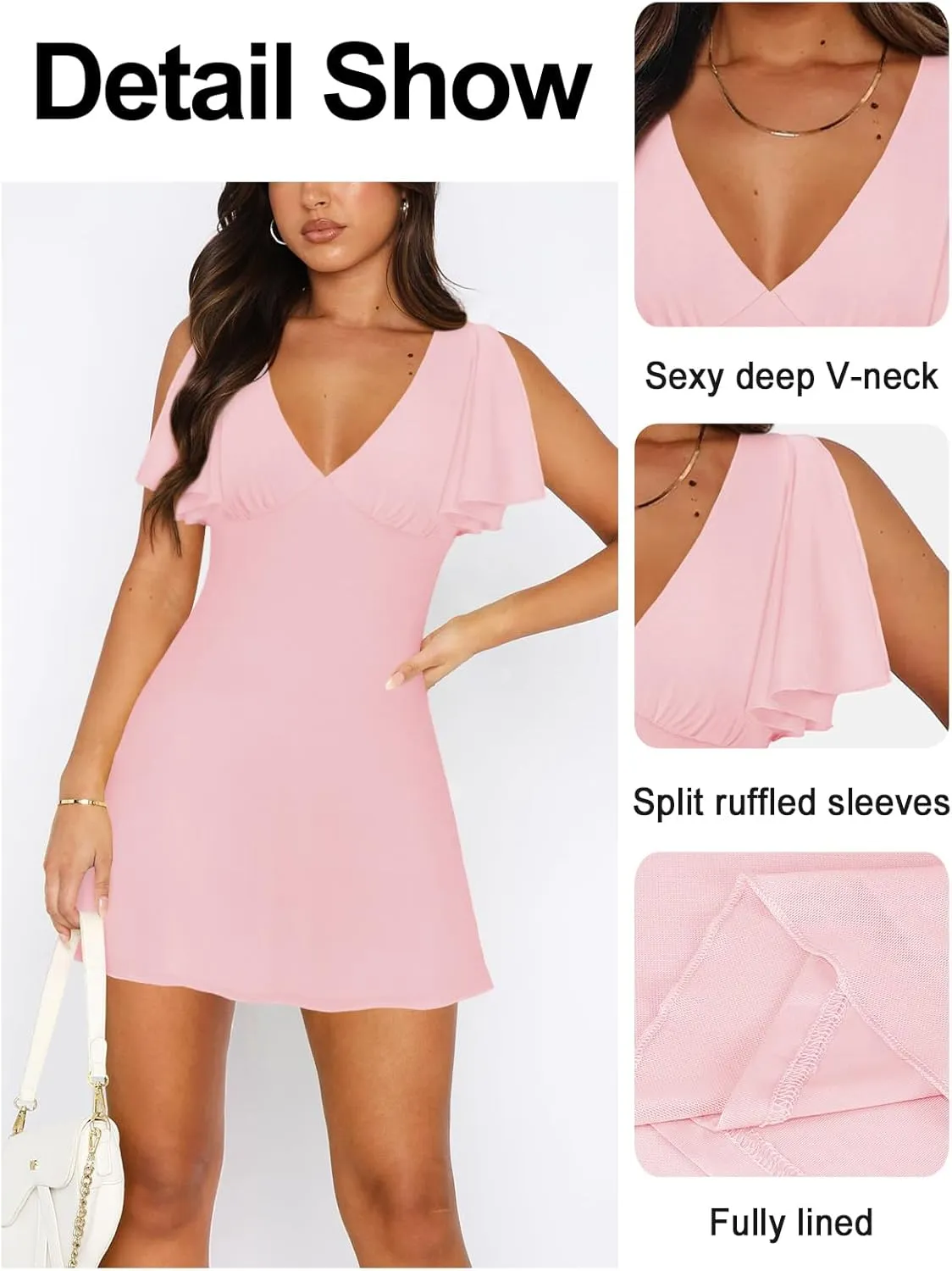 Women's Sexy Deep V-Neck Ruffle Sleeve Mini Dresses Summer Casual Bodycon Beach Cocktail Party Club Short Dress