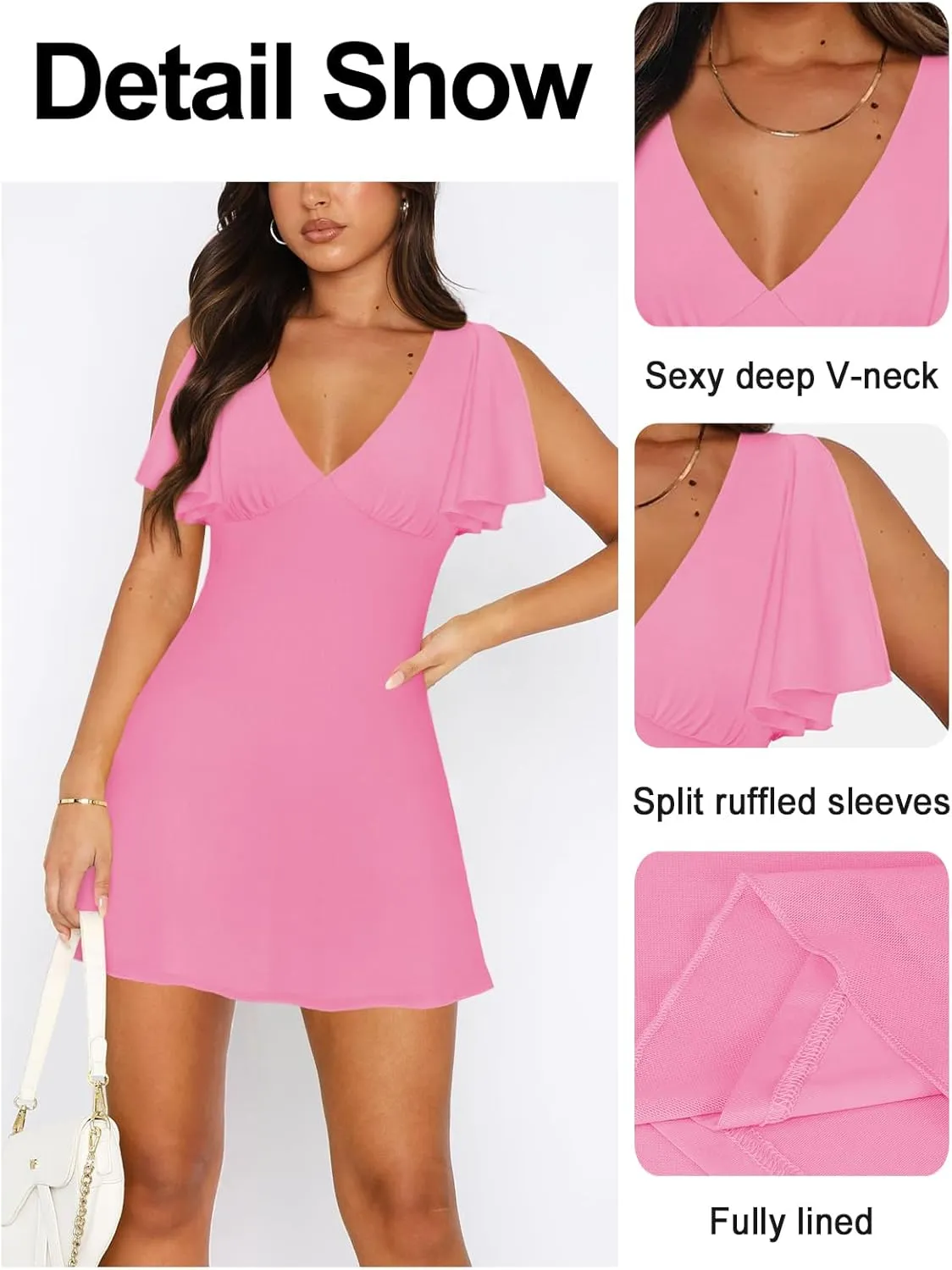 Women's Sexy Deep V-Neck Ruffle Sleeve Mini Dresses Summer Casual Bodycon Beach Cocktail Party Club Short Dress