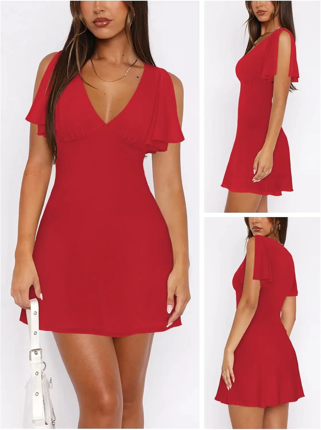 Women's Sexy Deep V-Neck Ruffle Sleeve Mini Dresses Summer Casual Bodycon Beach Cocktail Party Club Short Dress