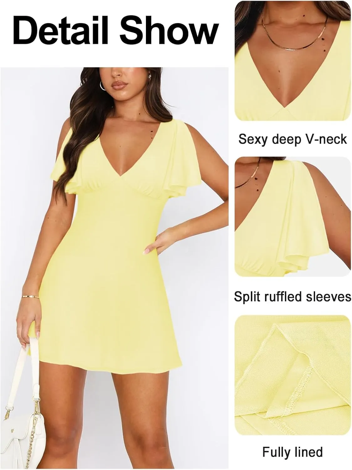 Women's Sexy Deep V-Neck Ruffle Sleeve Mini Dresses Summer Casual Bodycon Beach Cocktail Party Club Short Dress