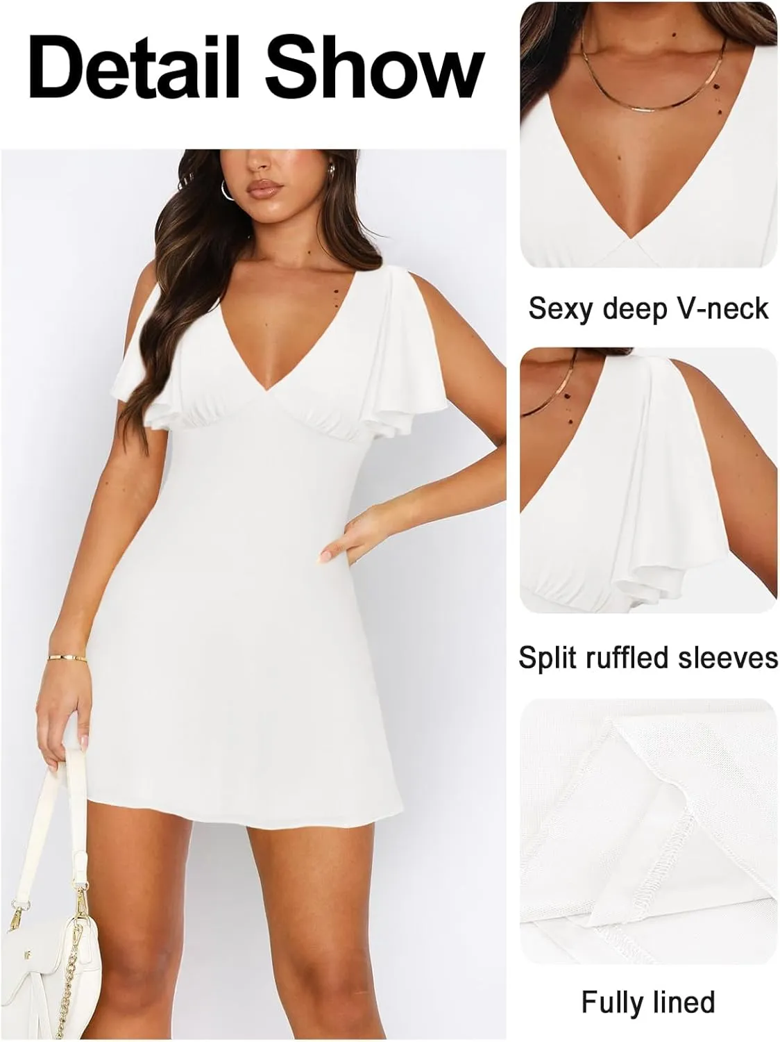 Women's Sexy Deep V-Neck Ruffle Sleeve Mini Dresses Summer Casual Bodycon Beach Cocktail Party Club Short Dress