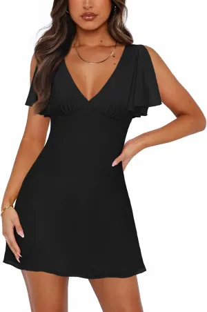Women's Sexy Deep V-Neck Ruffle Sleeve Mini Dresses Summer Casual Bodycon Beach Cocktail Party Club Short Dress